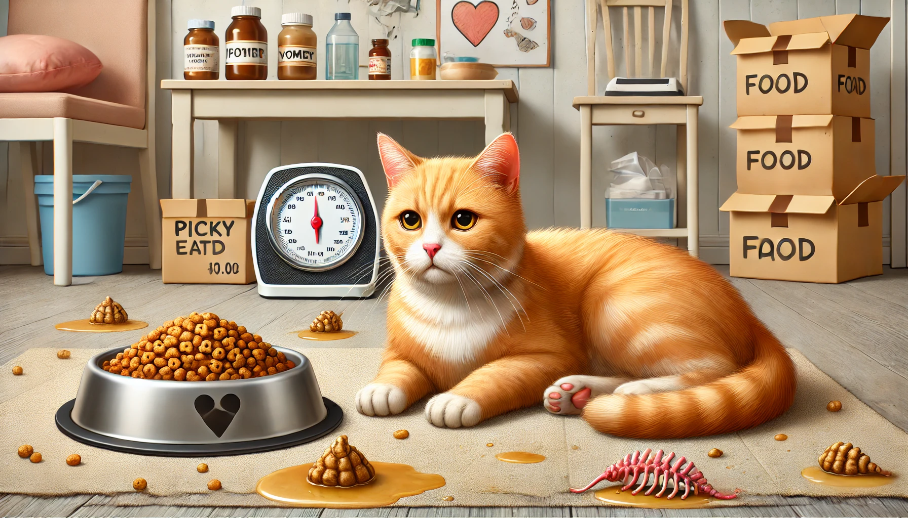 A lethargic ginger cat lying next to an untouched food bowl, with signs of digestive issues nearby.