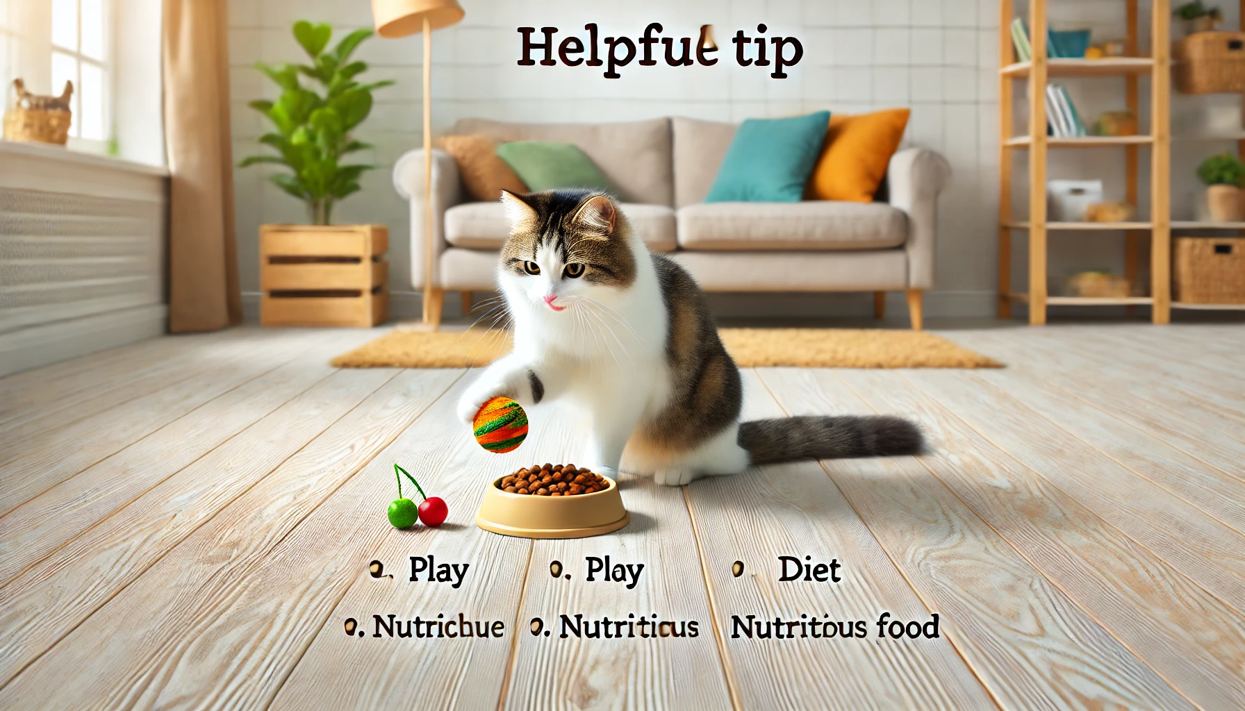 A cat happily playing with a toy, with nutritious food nearby in a bright living room.
