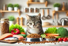 A happy cat eating a variety of high-quality cat foods with fresh ingredients.
