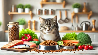A happy cat eating a variety of high-quality cat foods with fresh ingredients.