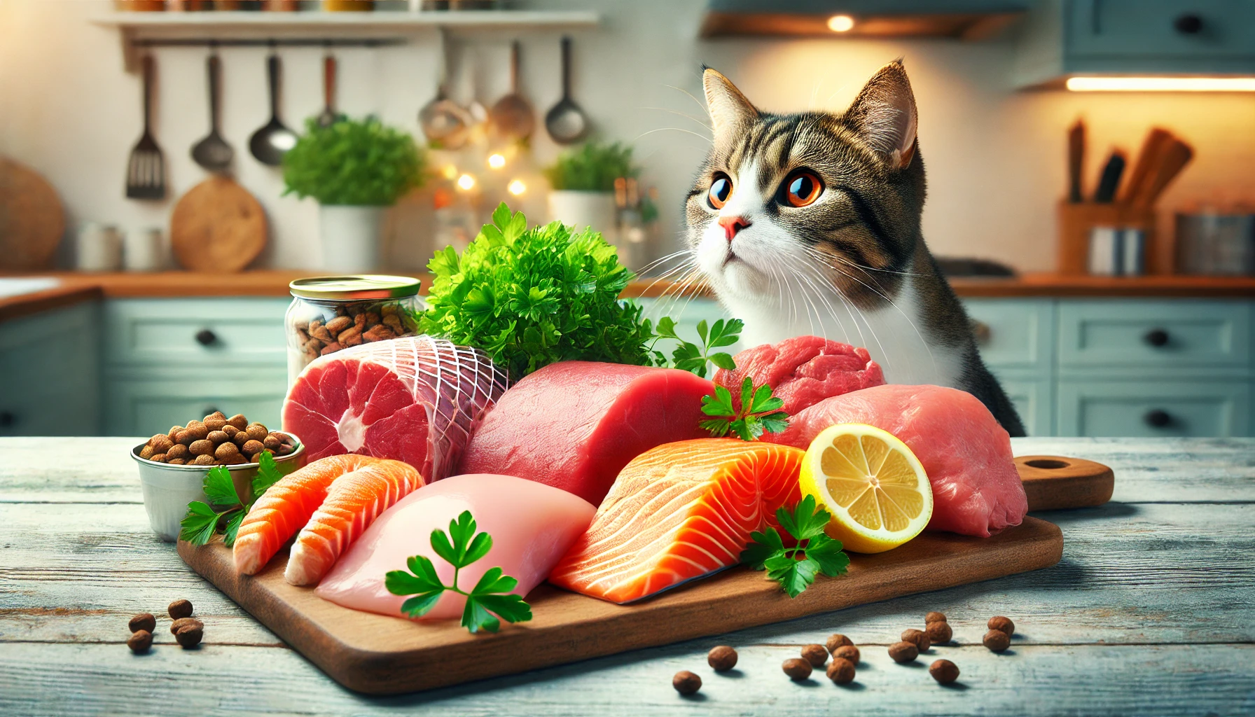 Image showcasing high-quality protein sources like chicken, salmon, and turkey with a curious cat sniffing the selection.