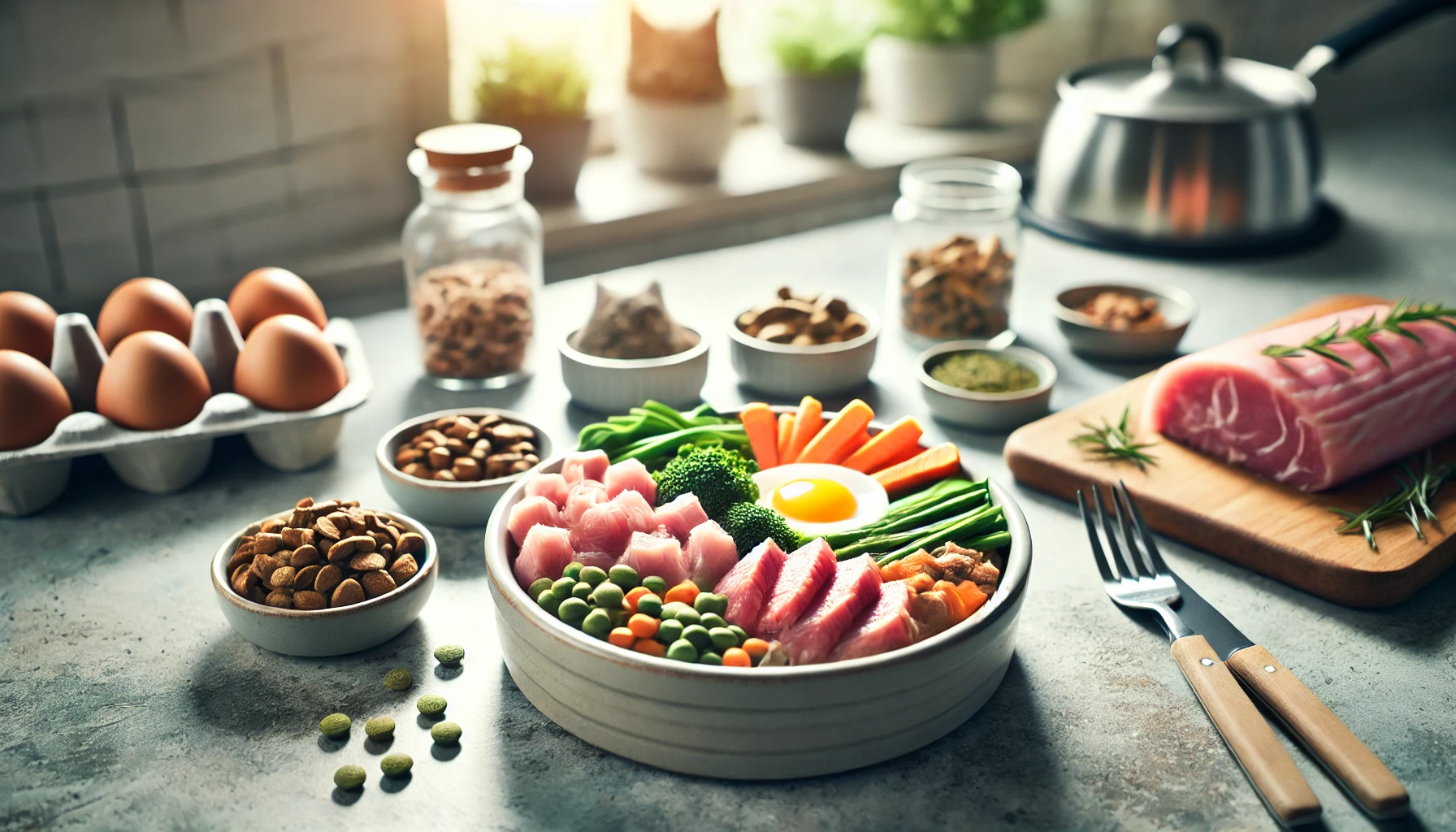 A homemade meal for a cat consisting of cooked meat, vegetables, and essential supplements arranged in a clean bowl on a kitchen countertop.