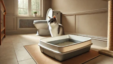 A clean and well-organized cat litter area with a neatly spread liner and a cat nearby.