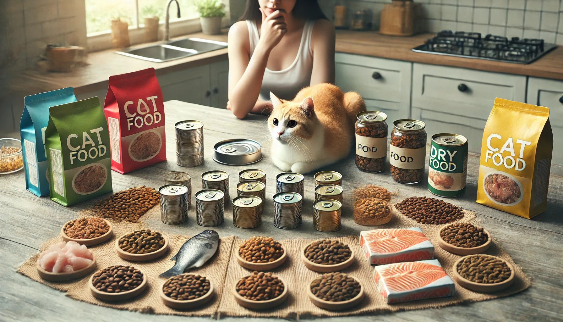 A person examining cat food labels with a curious cat nearby.