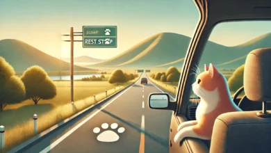 A cat sitting inside a car, gazing out the window at a calm road with rest stop signs and rolling hills.