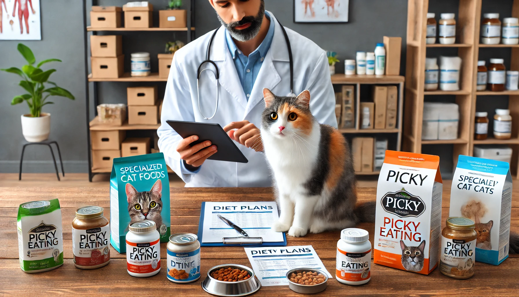 A veterinarian showing a cat owner diet plans and supplements for picky eating.