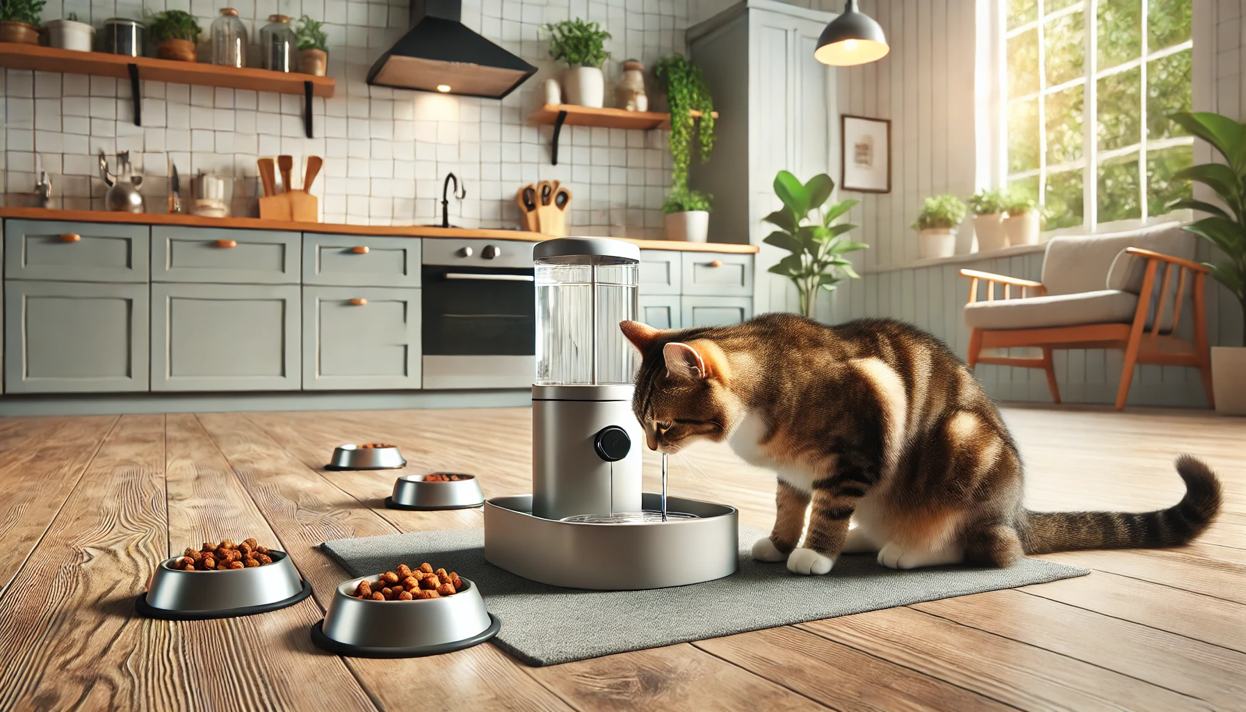 A tabby cat drinking water from a modern cat fountain in a kitchen.