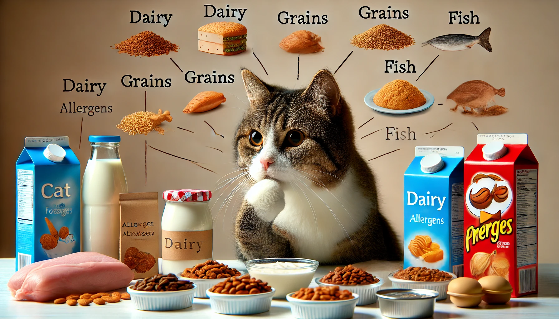 A cat thoughtfully observing foods like dairy, grains, and fish, known to cause allergies.
