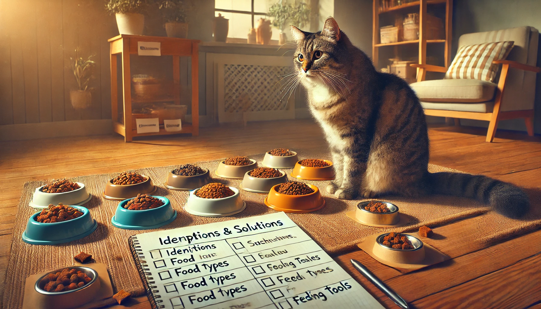 A tabby cat with a variety of untouched food bowls, reflecting on picky eating habits.