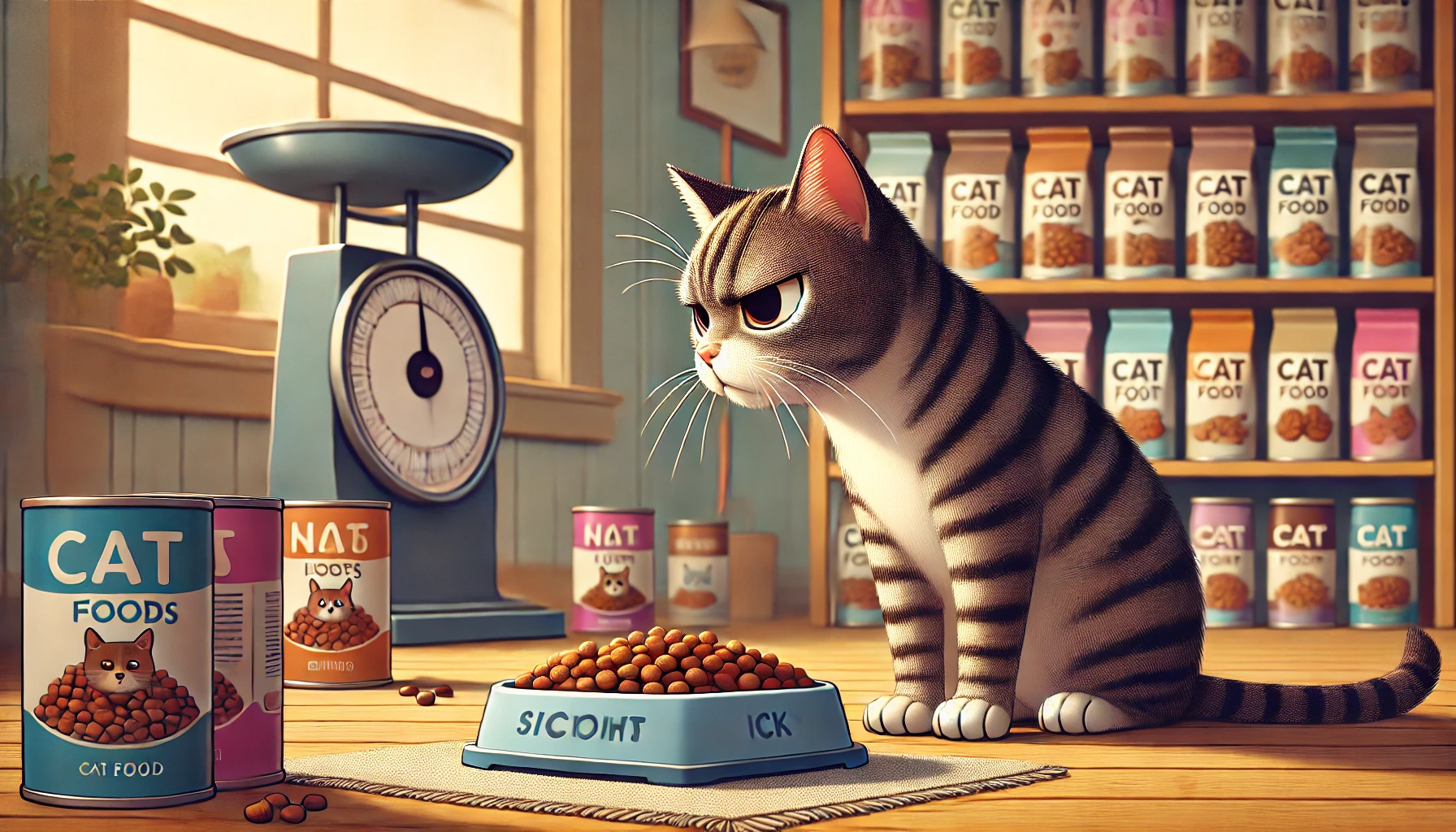 A tabby cat sniffing food and turning away, with untouched food options in the background.