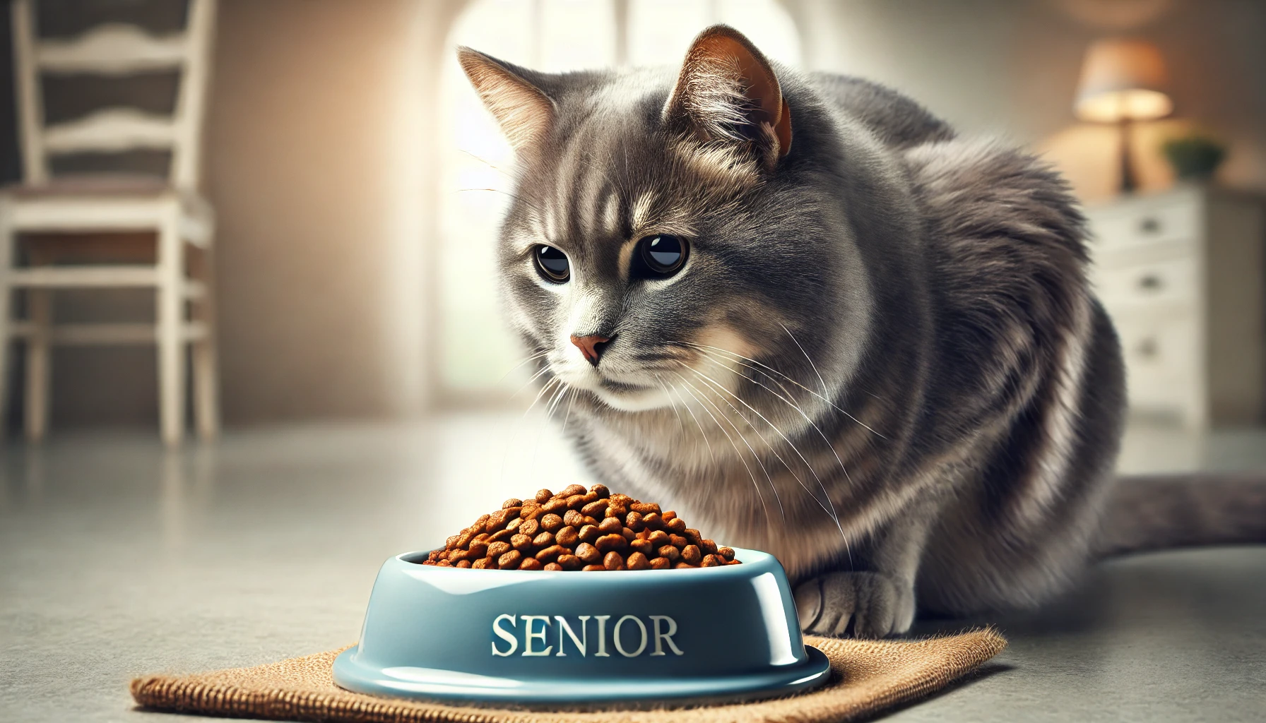 An older cat with signs of aging, such as a graying muzzle, sitting near a food bowl designed for senior cats in a cozy living space.