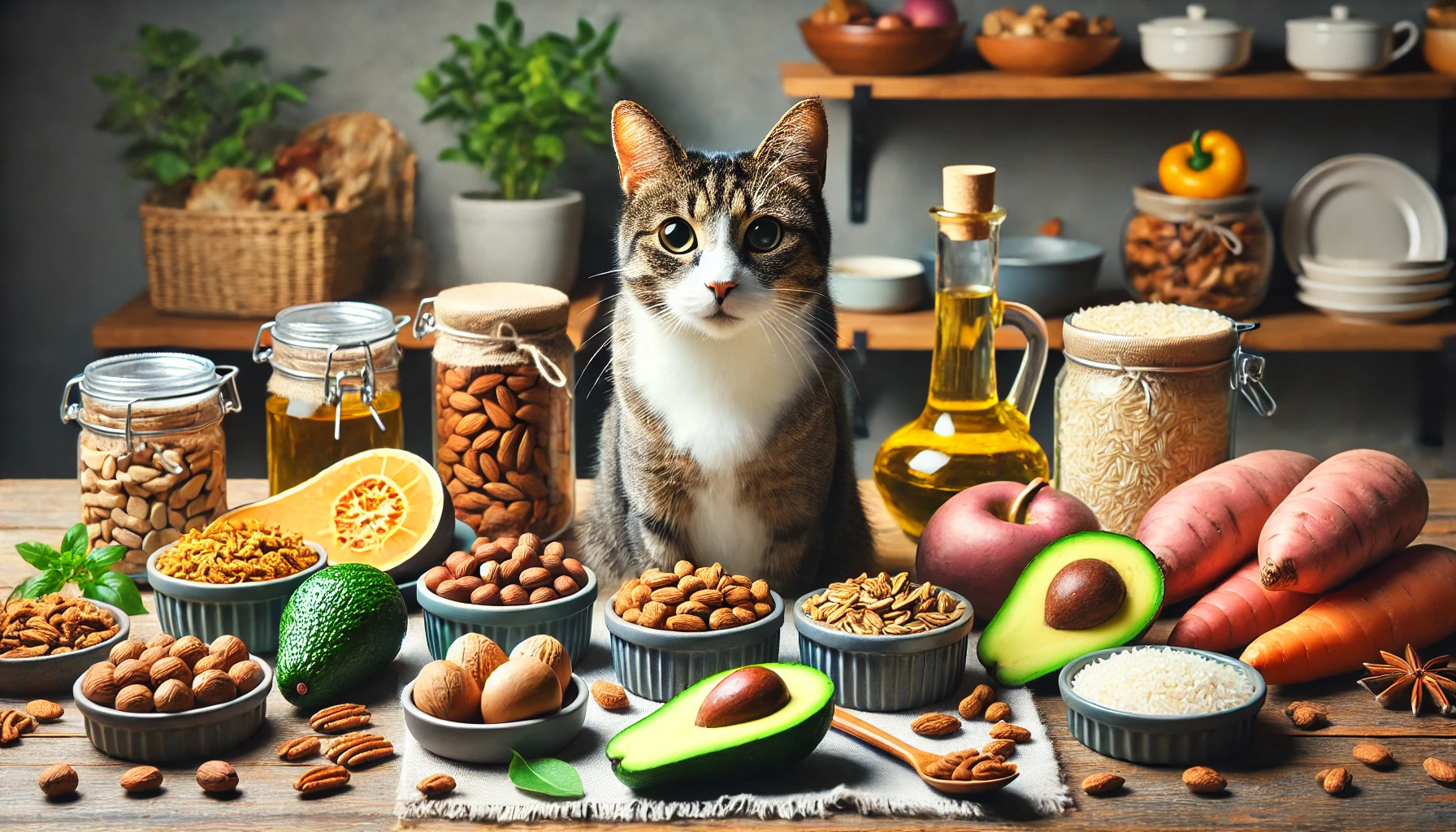 A variety of cat food options with a person and a cat considering them.