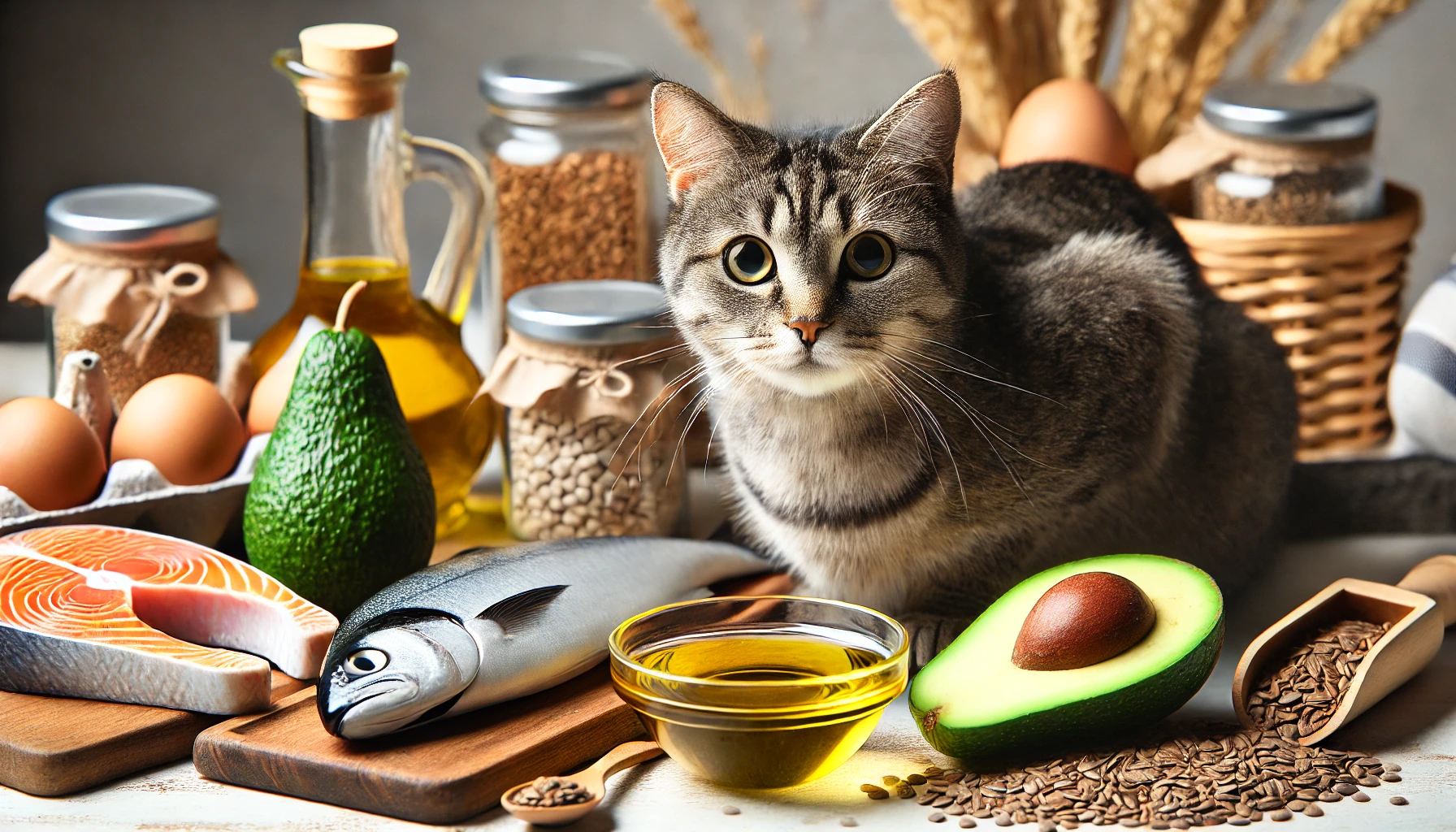 A variety of fat-rich foods for cats, including fish, fish oil, and avocados.