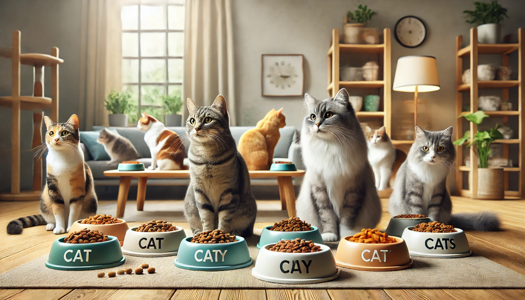 Cats of various breeds eating from customized bowls for tailored nutrition.