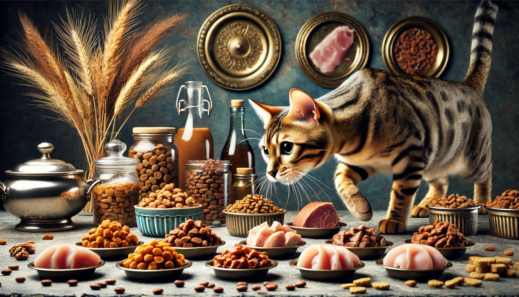 A Bengal cat exploring a variety of cat food options with different textures and flavors.