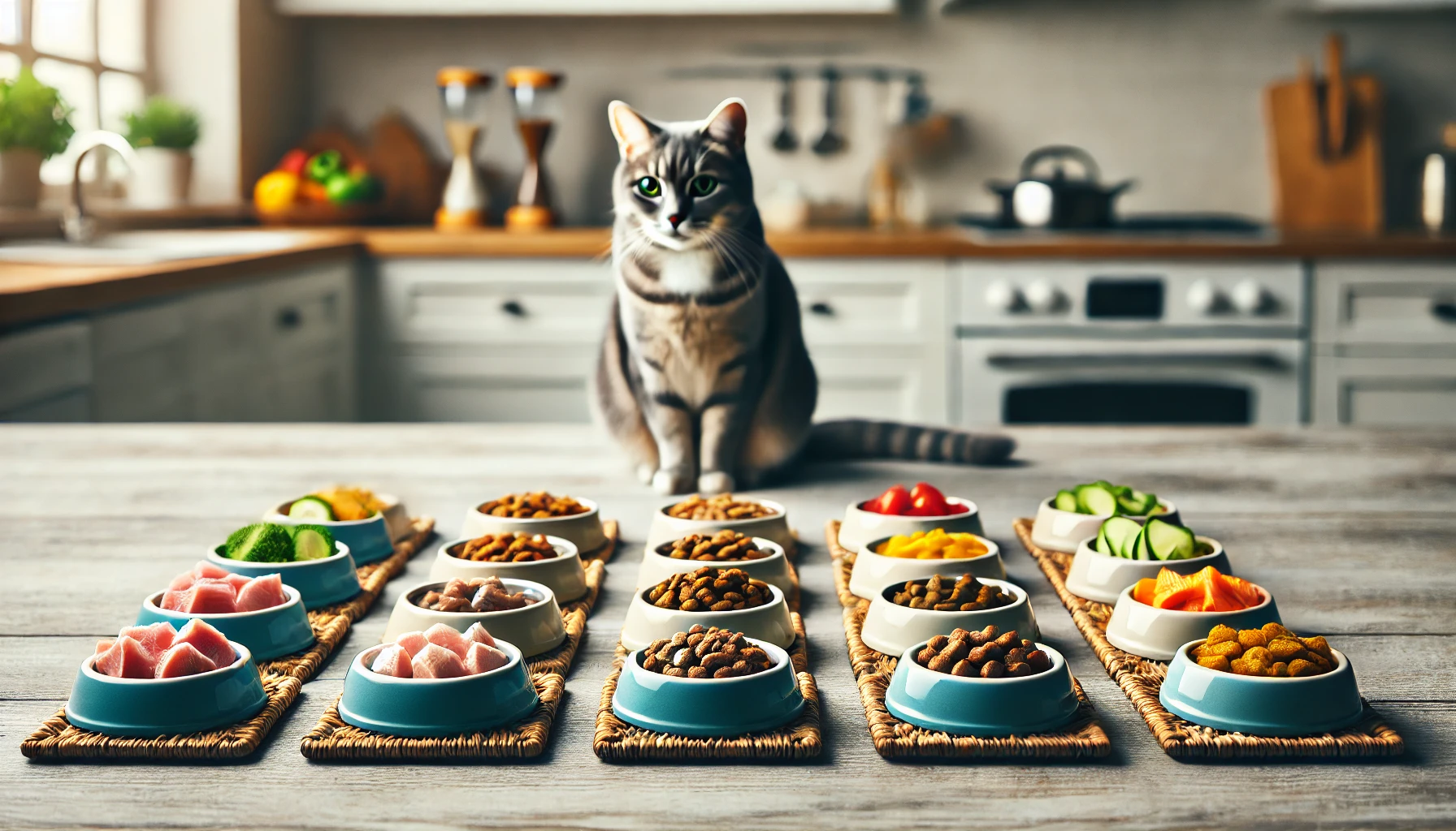 A series of small, nutrient-rich meals arranged in bowls for a cat, symbolizing gradual reintroduction of food in a clean kitchen.