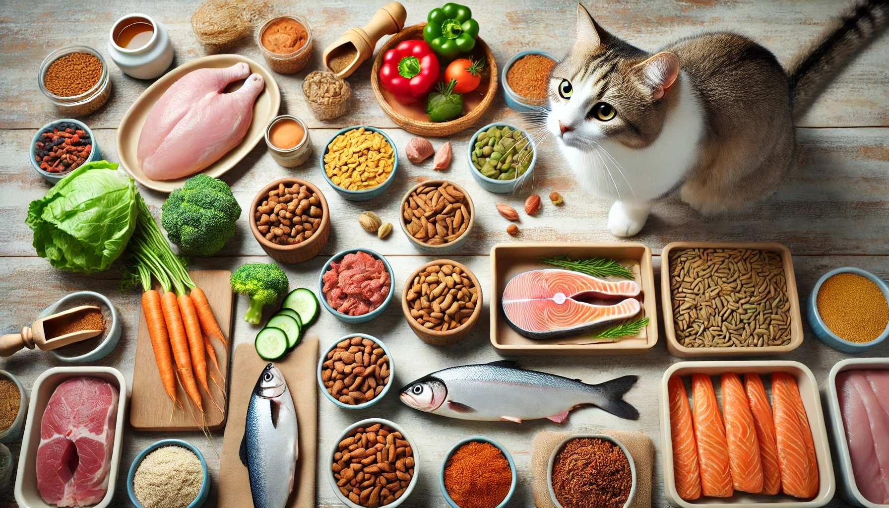 A variety of foods rich in essential vitamins and minerals for cats.