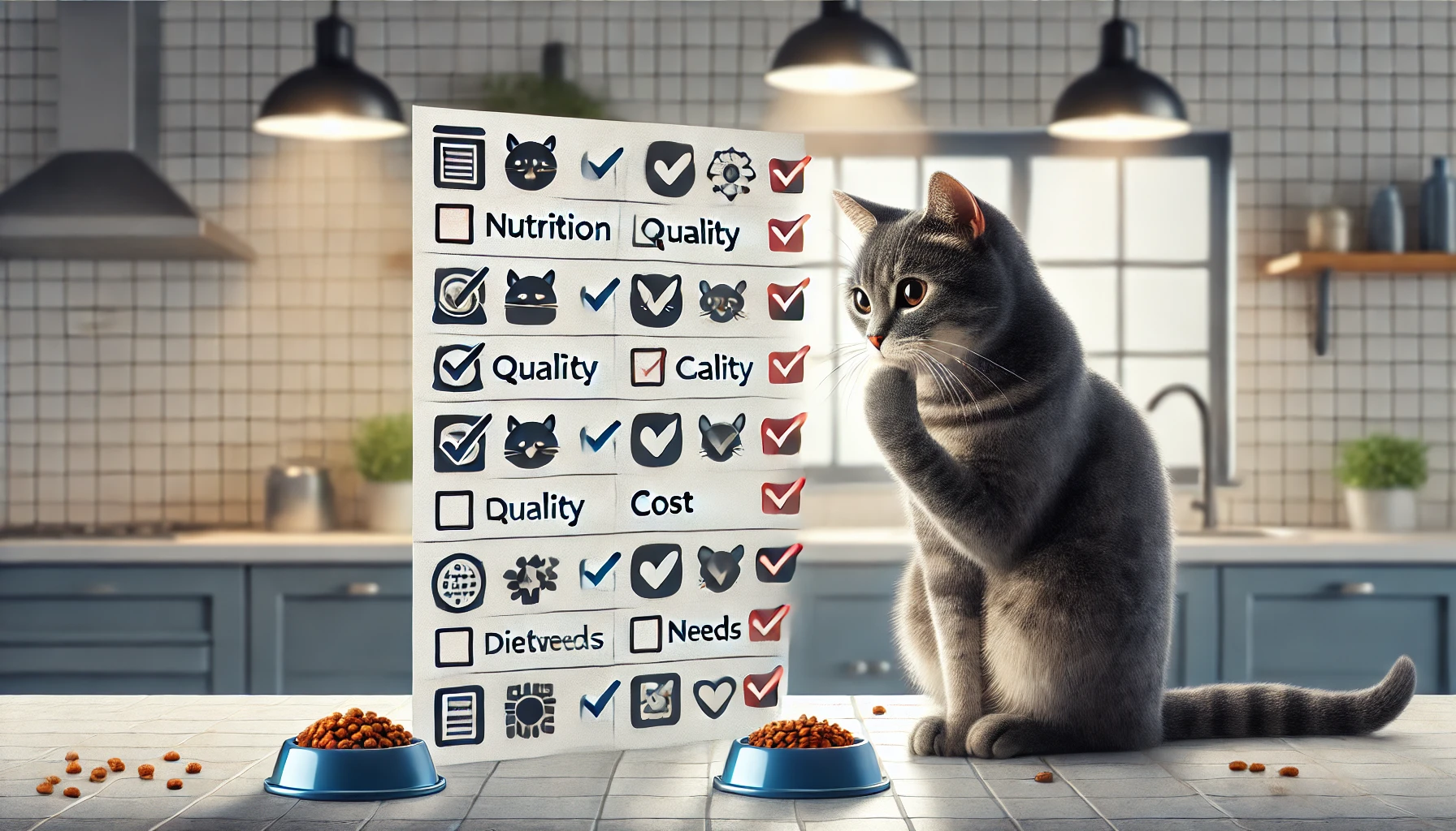 Image illustrating key considerations for choosing cat food with a thoughtful cat and icons representing various factors.