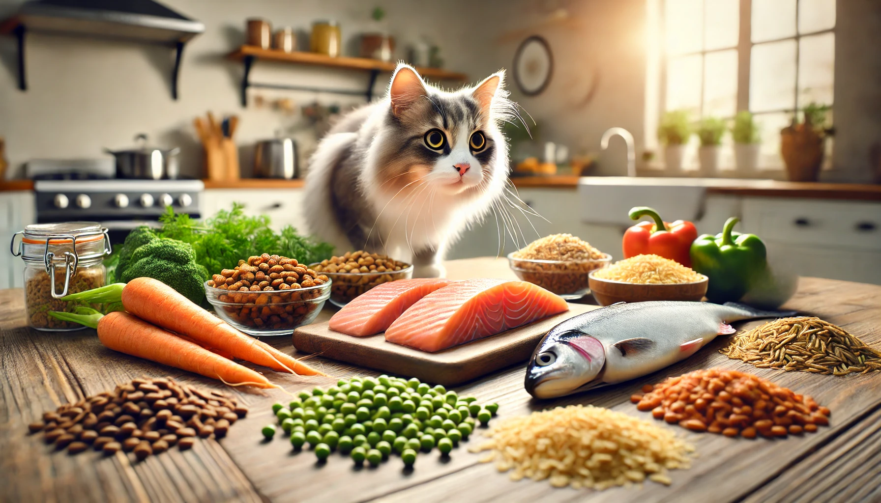 Image showcasing key ingredients for cat food including chicken, fish, carrots, peas, and rice with a curious cat exploring them.