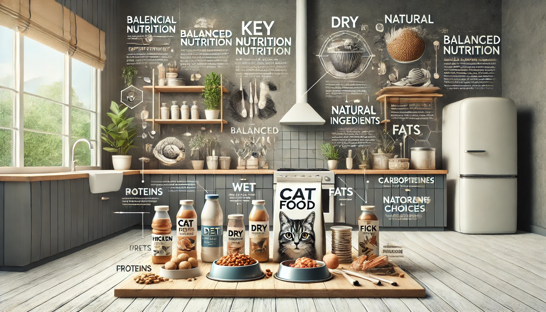 A balanced selection of wet, dry, and natural cat food ingredients in a modern kitchen.