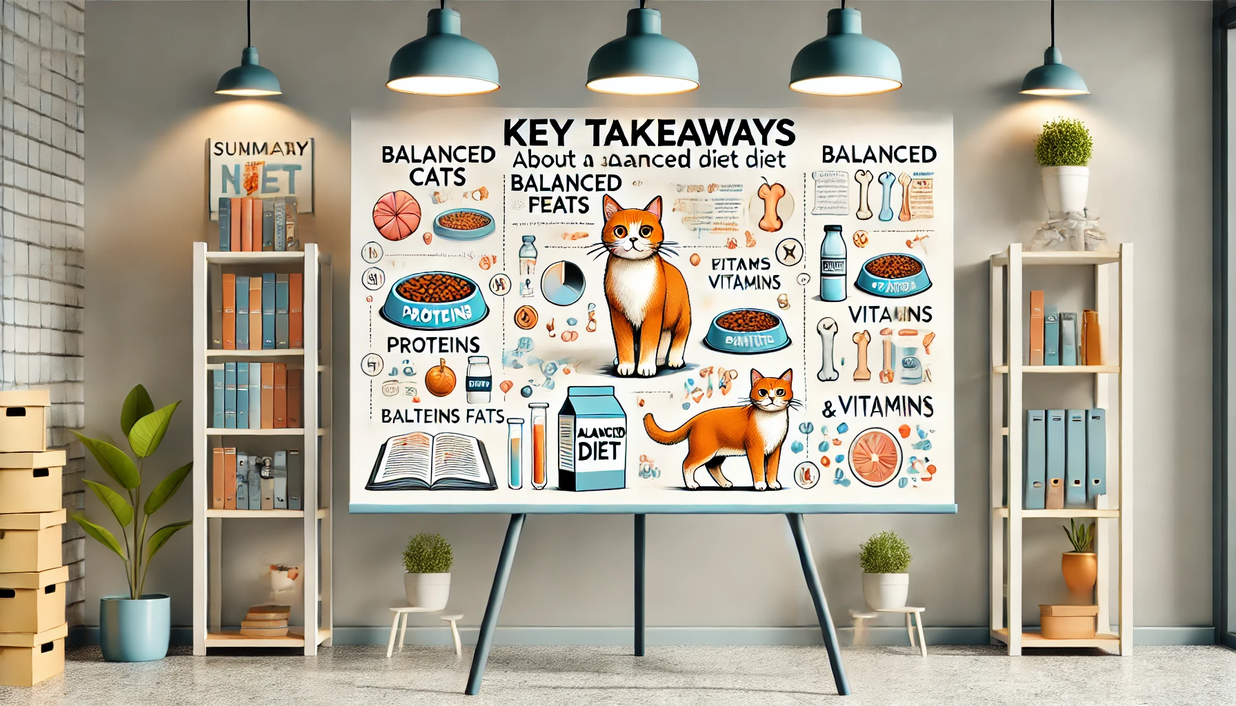 A summary board illustrating key points about a balanced diet for cats.