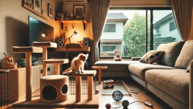 A cozy living room with a playful kitten exploring, showcasing kitten-proofed furniture and toys.