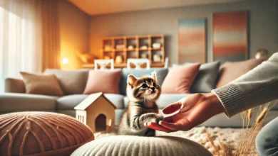 A playful kitten interacting with a human hand in a cozy indoor setting.
