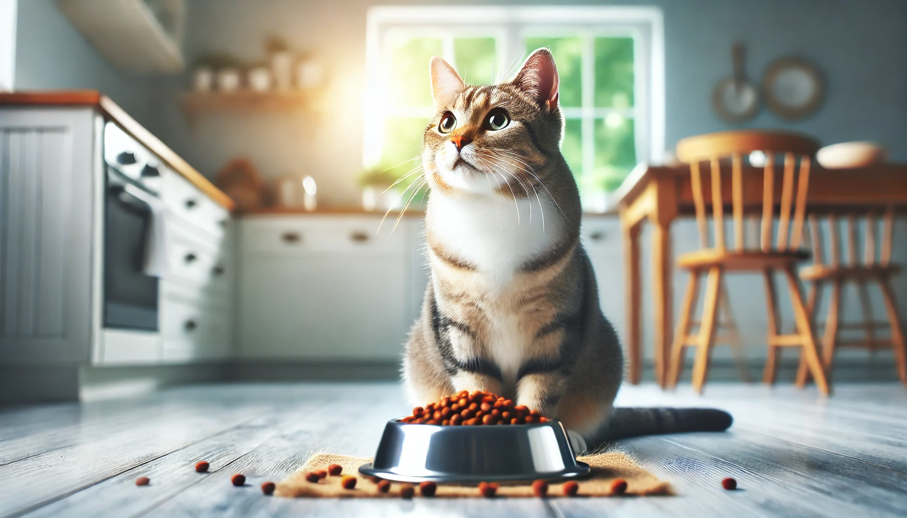 A healthy cat sitting near a bowl of premium food, gazing forward with a bright expression in a clean and well-lit kitchen.