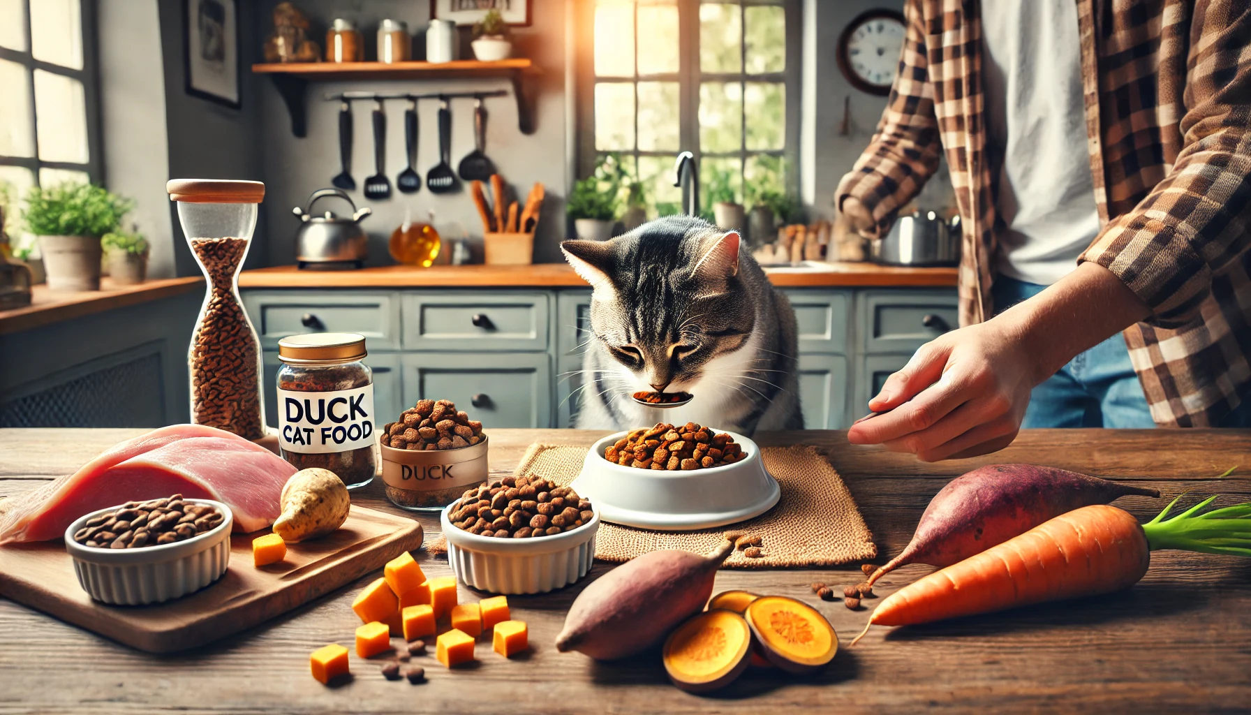 A cat eating hypoallergenic cat food to manage allergies in a cozy kitchen.