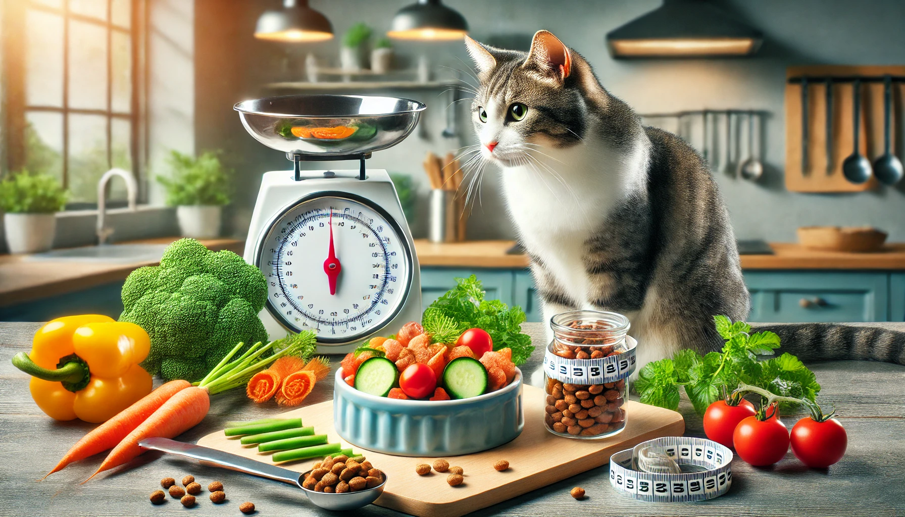 Image illustrating a balanced meal for managing weight and health conditions in cats.