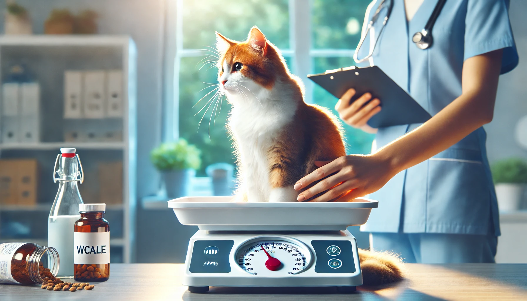 A cat being gently weighed on a digital scale in a calm, well-lit room with a vet or owner observing in the background.