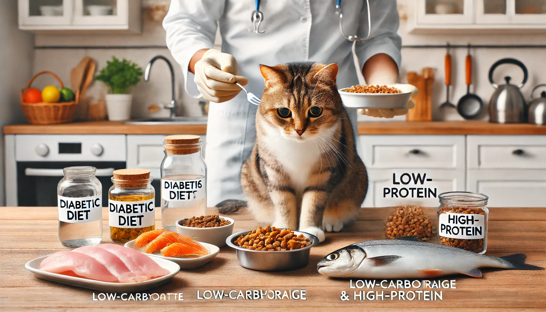 A cat eating a low-carbohydrate, high-protein meal for diabetic management.