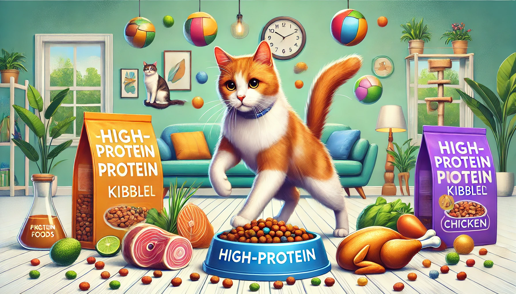 An active cat playing with protein-rich food options nearby.