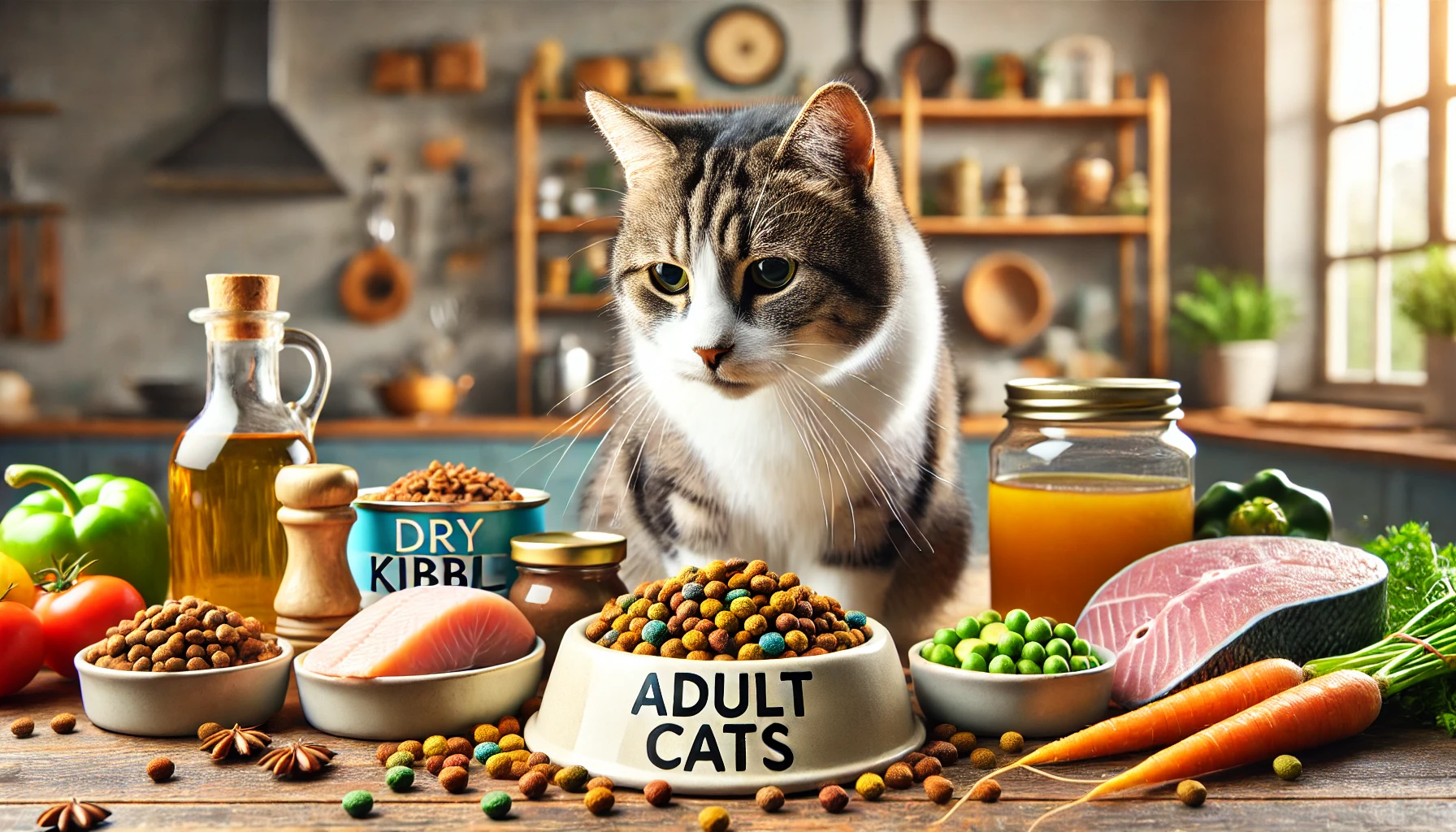 Image showcasing the nutritional needs of adult cats with a balanced meal and fresh ingredients.