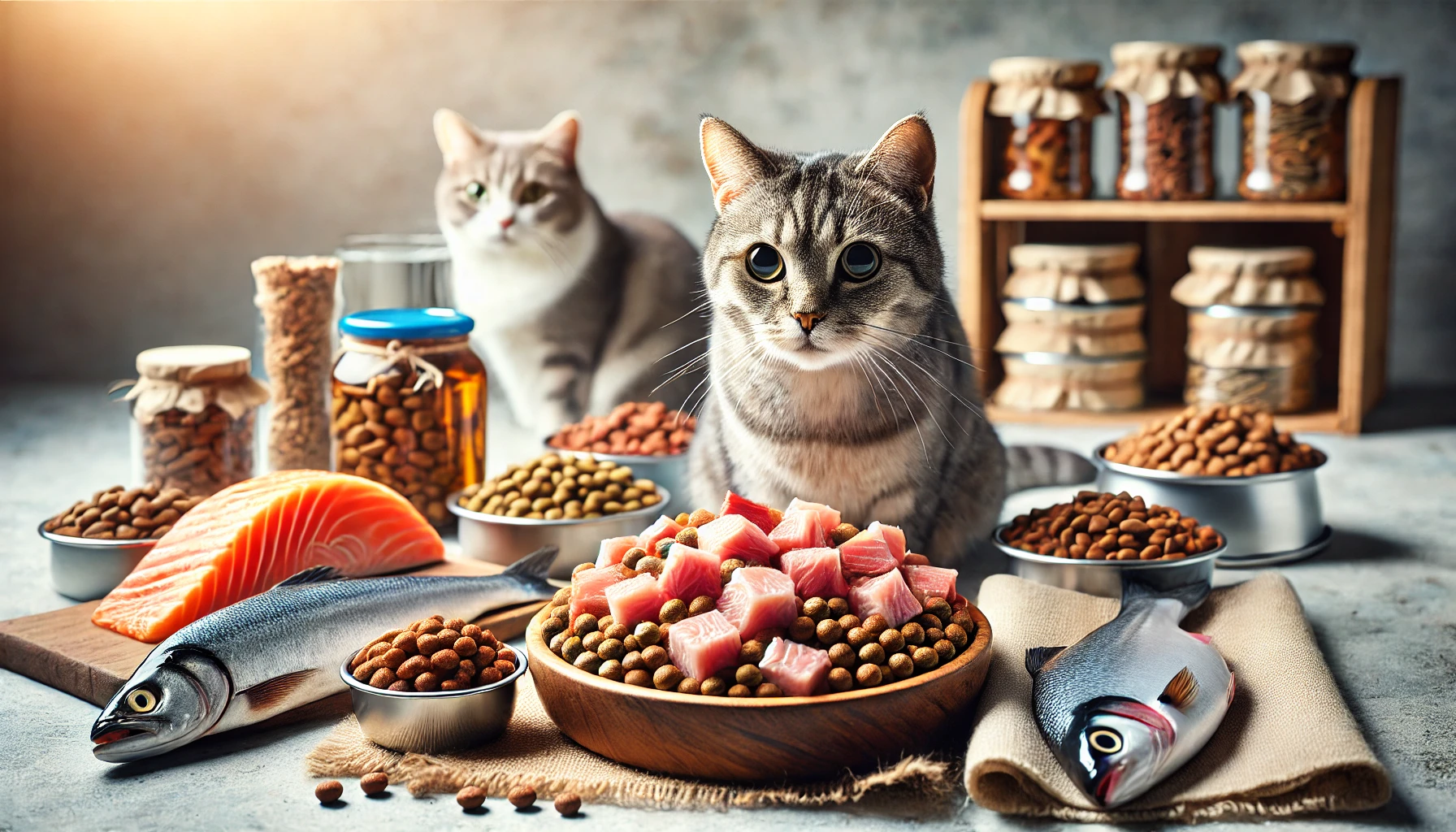 An assortment of high-quality cat food, including fresh meat, fish, and wet cat food, arranged in a clean and well-lit setting.