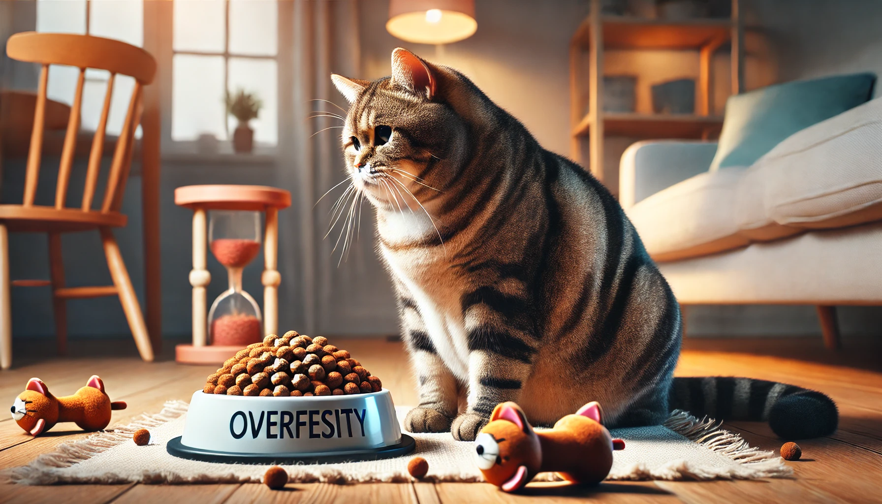 An overweight tabby cat next to an overflowing food bowl in a modern living room.