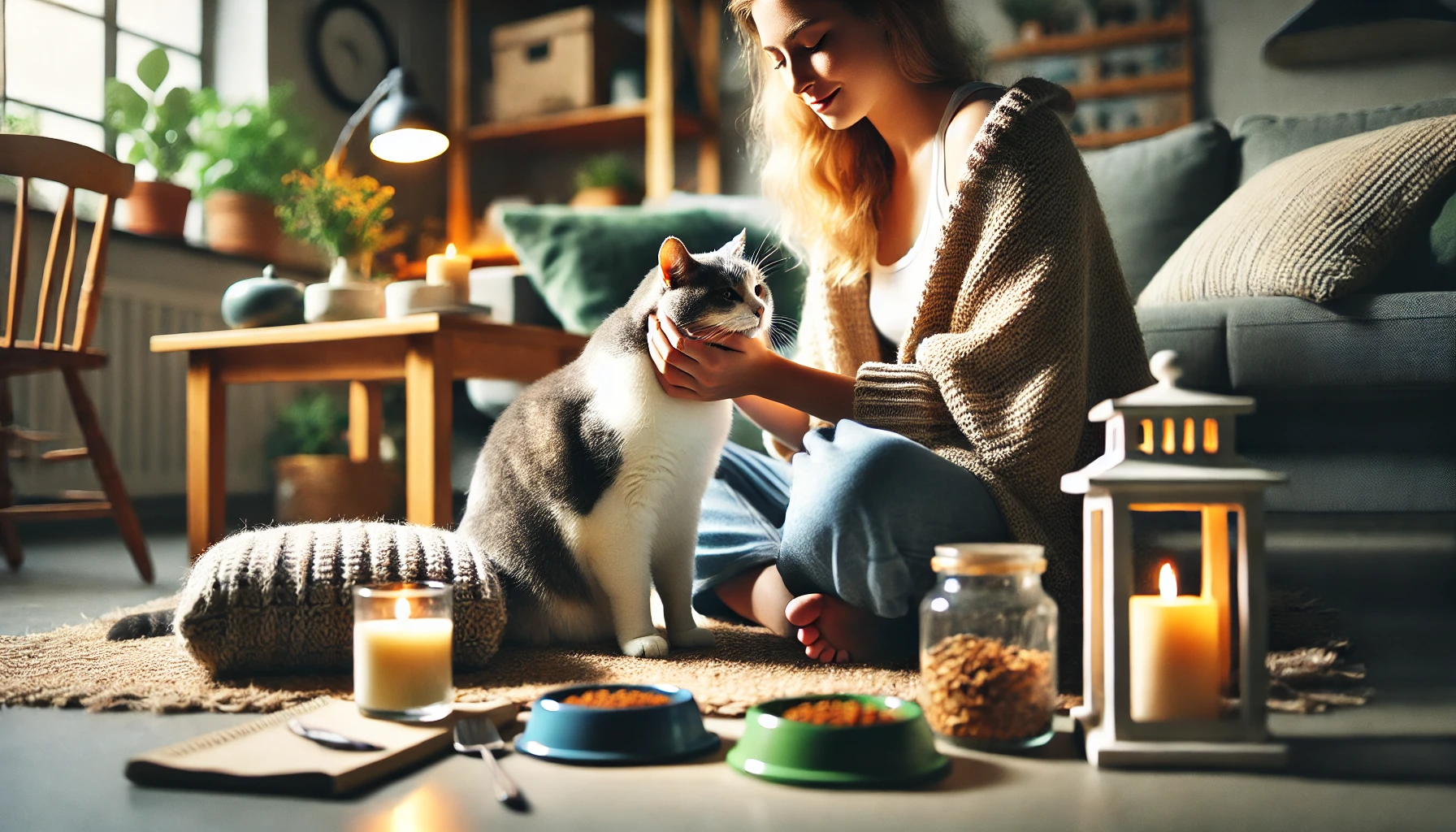 A cat owner interacting warmly with their cat at home, illustrating personalized care.