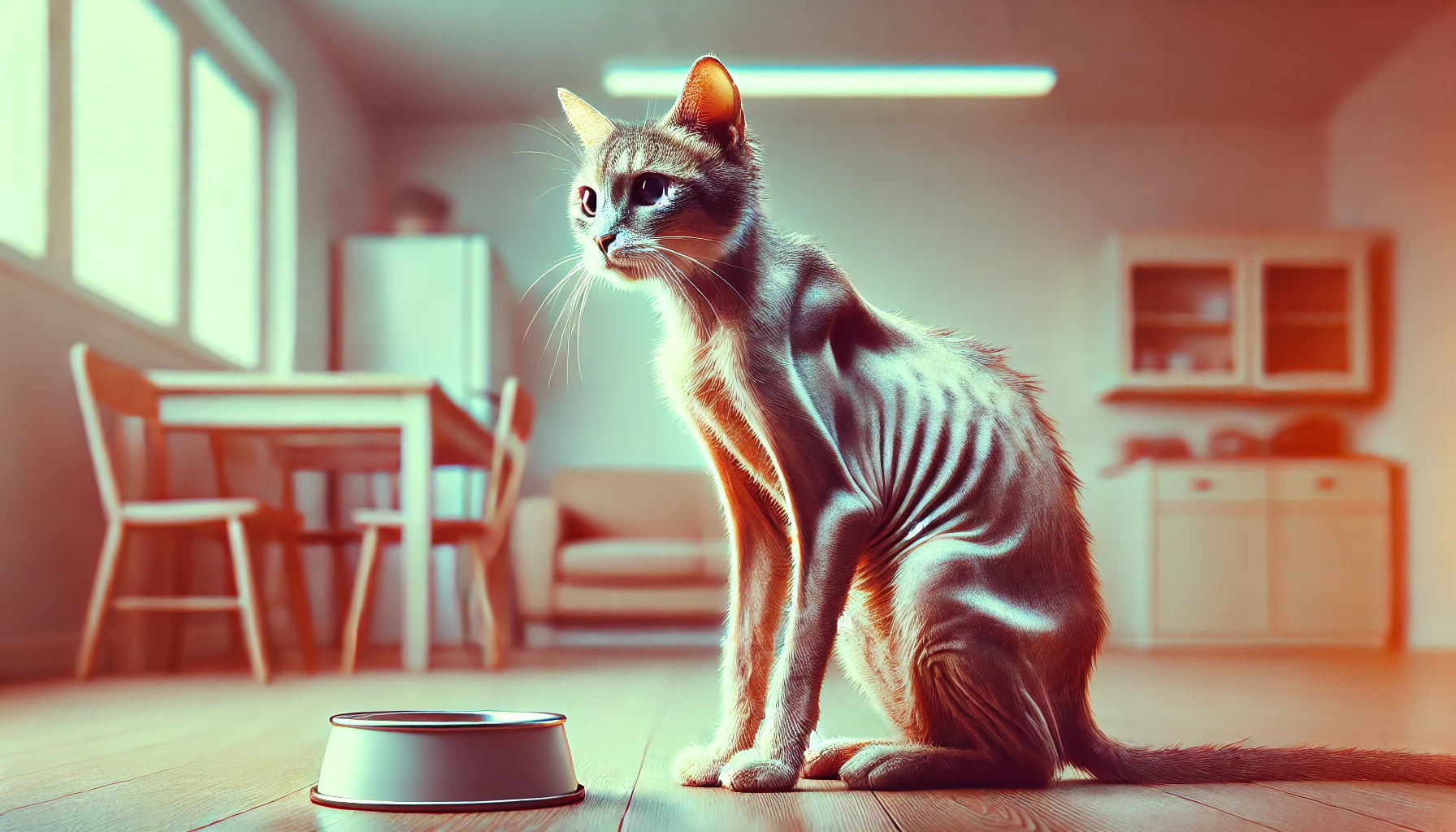 A thin cat with visible ribs and a dull, patchy coat, sitting in a subdued indoor environment.