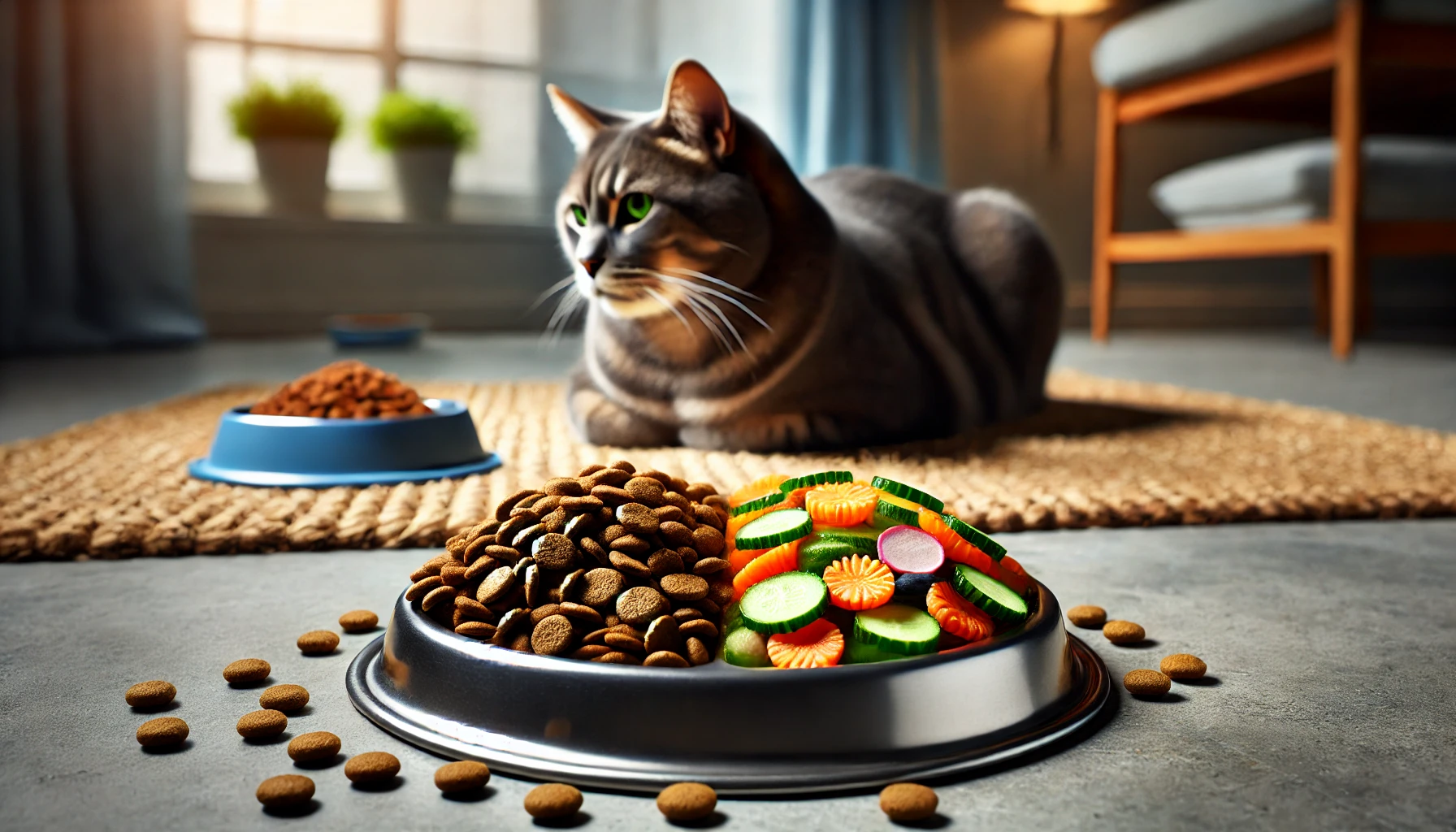A cat food bowl filled with low-quality kibble next to a plate of balanced, nutrient-rich cat food, with a cat in the background appearing uninterested.