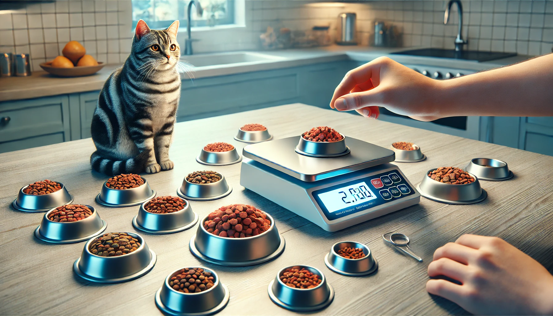 Digital kitchen scale measuring cat food portions with a tabby cat nearby.