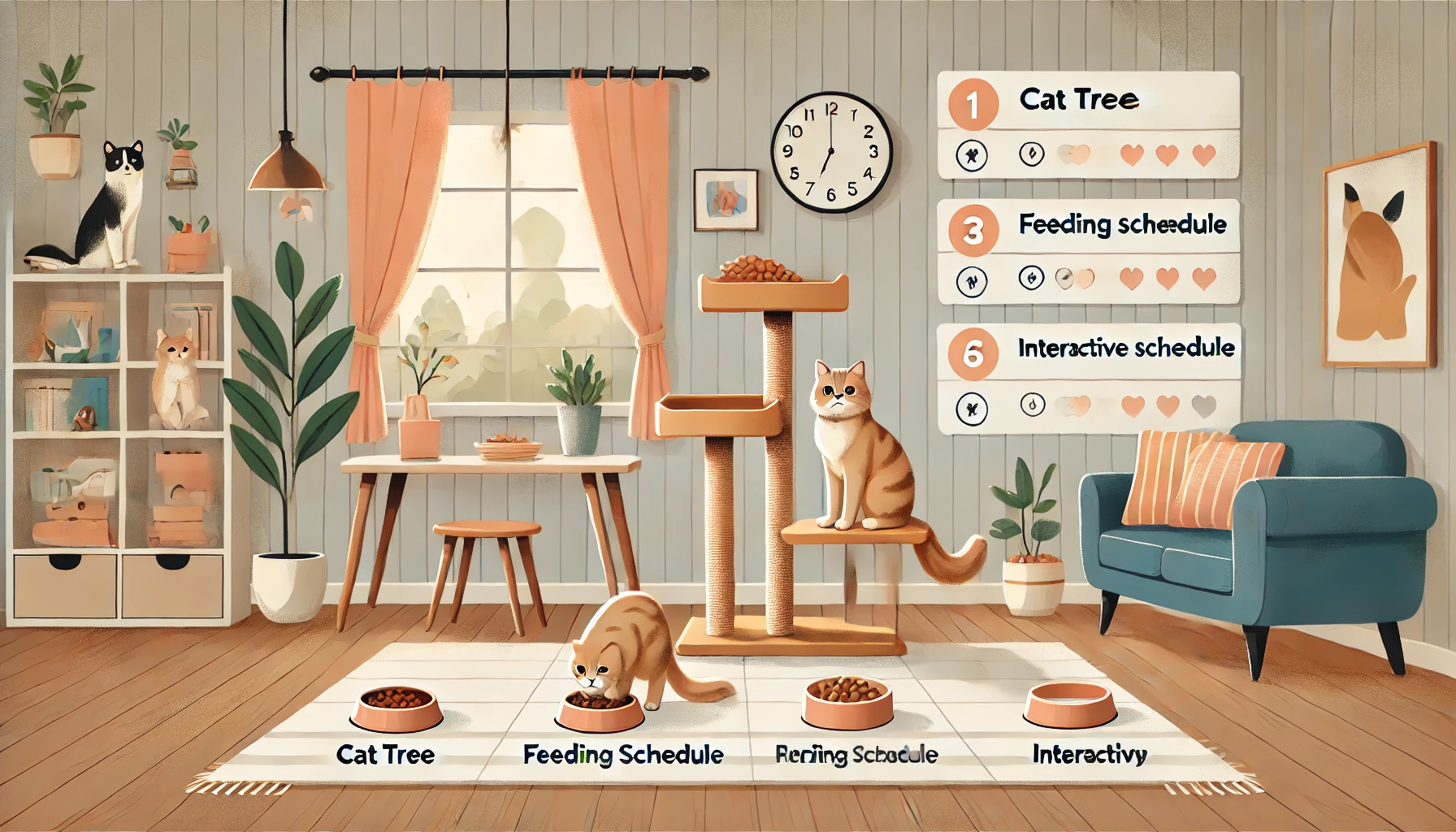 A cat exploring a variety of items like a cat tree, feeding schedule, and toys in a cozy living room.