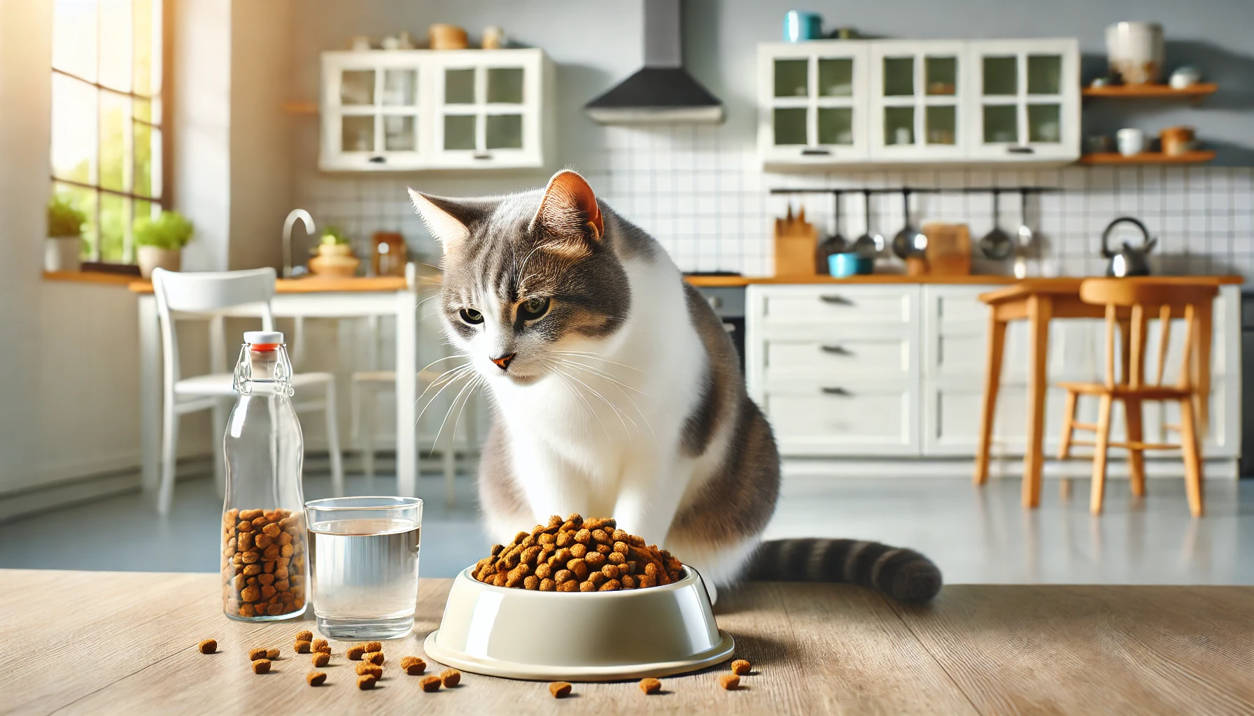 A healthy cat enjoying a well-balanced meal in a clean and organized kitchen setting, symbolizing the prevention of malnutrition.