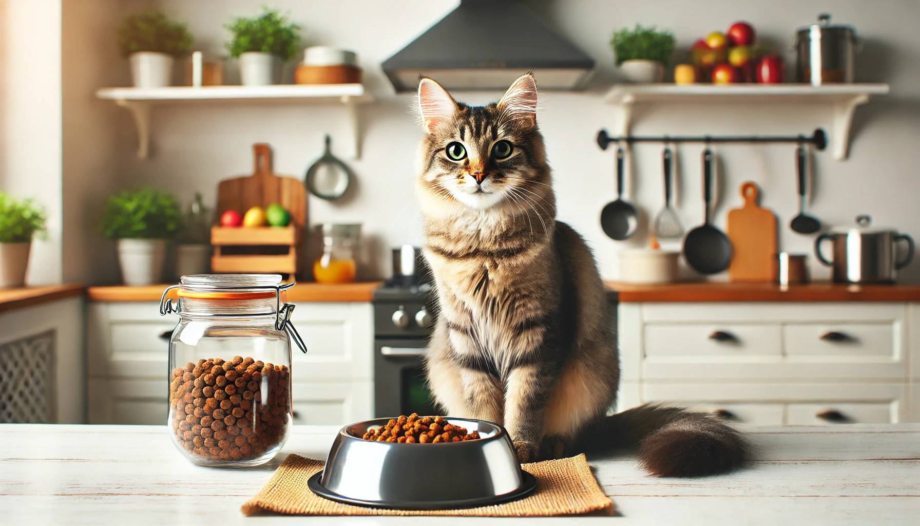 A healthy cat sitting beside a full bowl of nutritious food in a clean and well-organized kitchen, symbolizing the prevention of malnutrition.