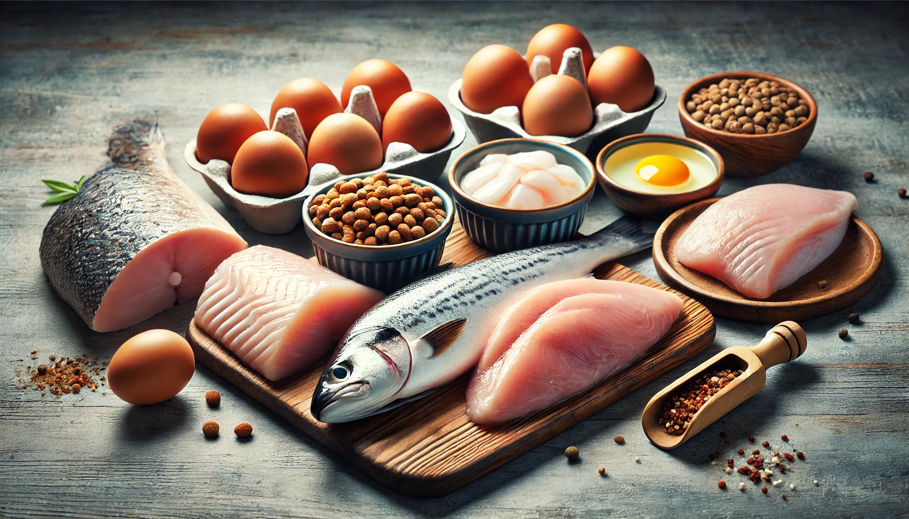 A selection of protein-rich foods for cats, including chicken, fish, and eggs.
