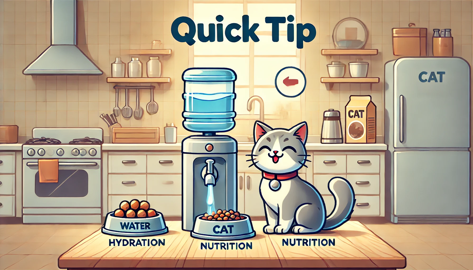 A cat drinking from a water fountain next to a bowl of balanced cat food.