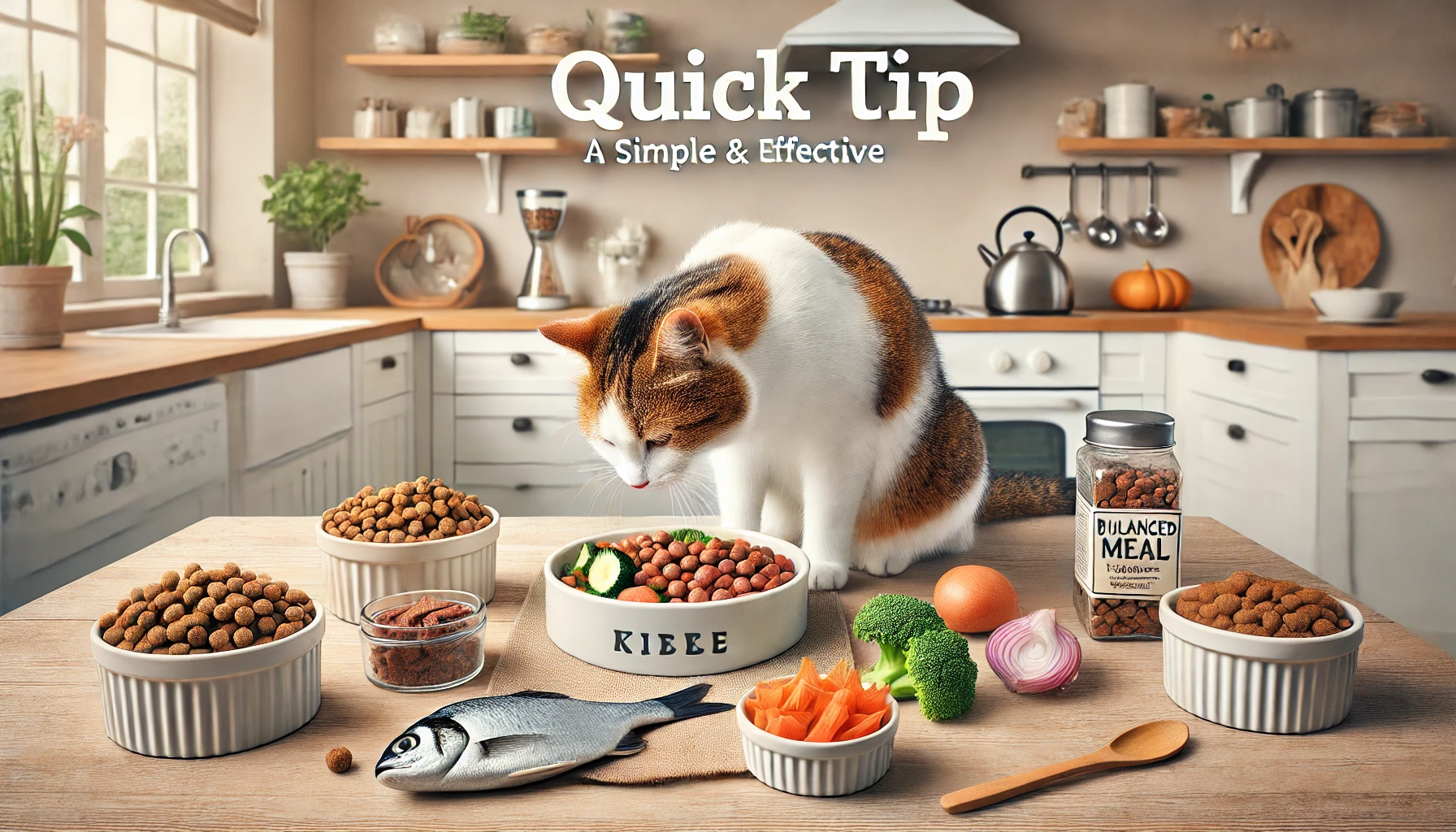 A cat eating from a balanced meal bowl with fish, kibble, and vegetables.
