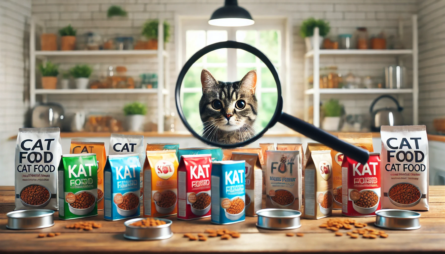 Cat food packages on a kitchen counter with a magnifying glass and a curious tabby cat.
