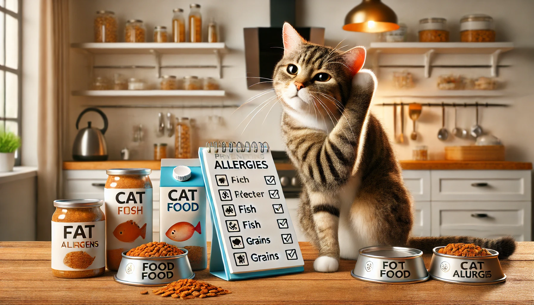 A tabby cat scratching its ear near labeled cat food and a notepad in a modern kitchen.