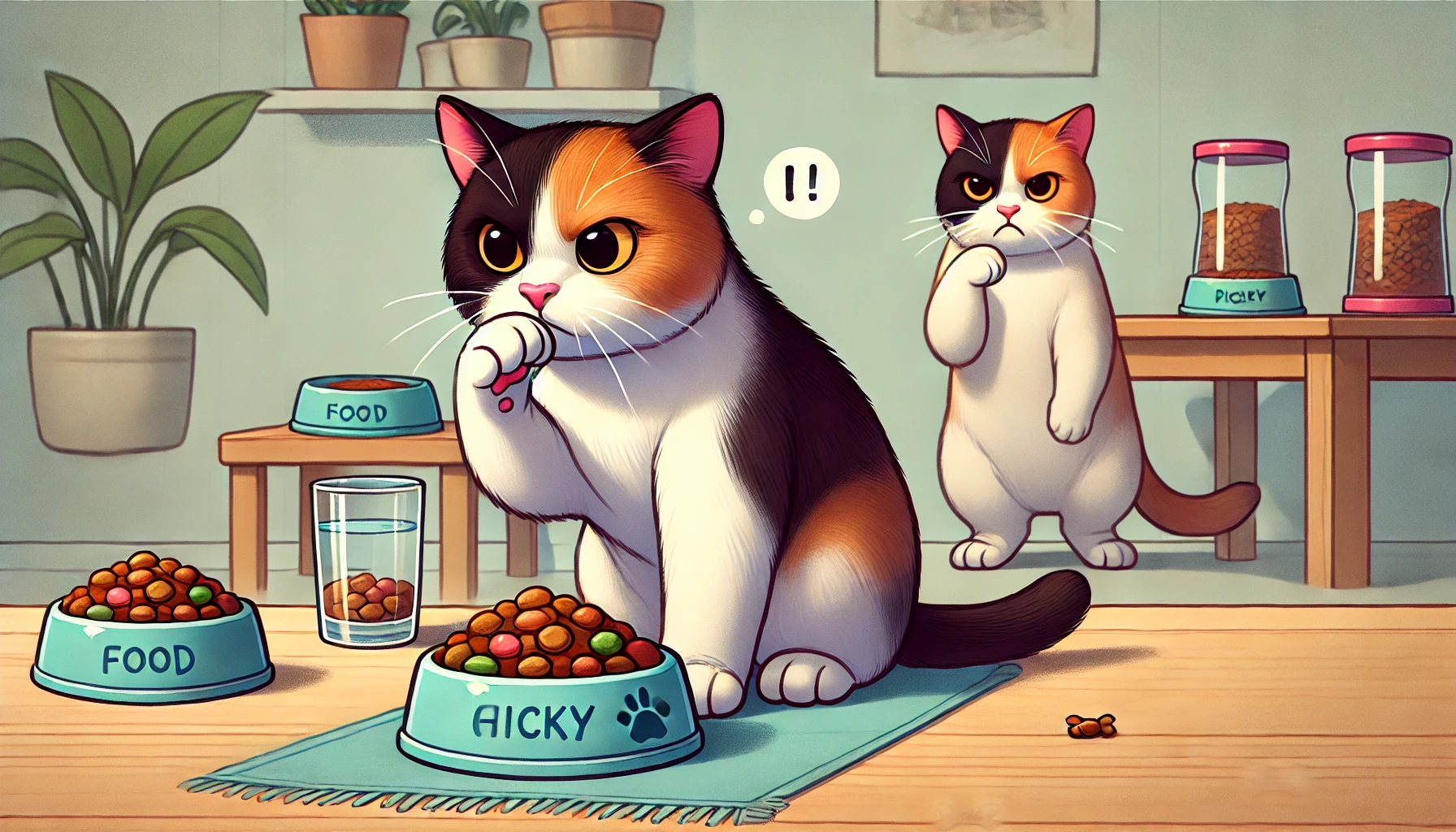 A calico cat sniffing a food bowl and walking away with disinterest.