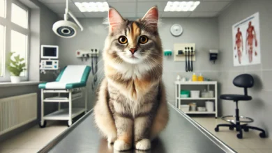 A cat with subtle yellowing around the eyes and gums, highlighting potential signs of jaundice in a calm veterinary office setting.